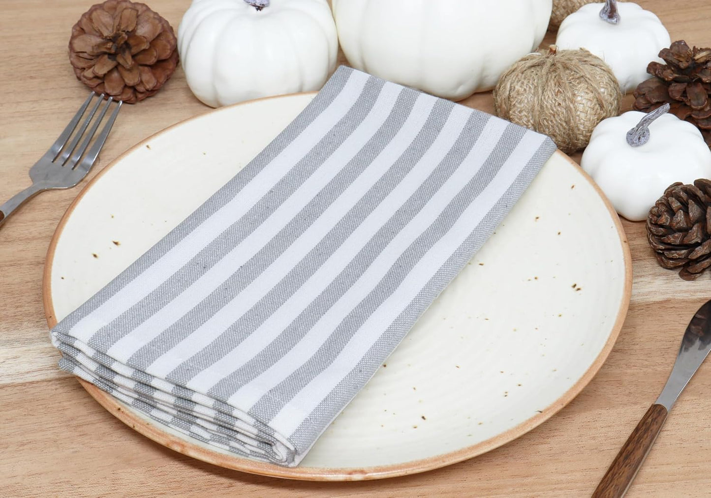PurpleEssences Plain Striped Cloth Napkins - Set of 12-100% Cotton - 18 x 18 Inch - Fall Thanksgiving - Perfect Everyday Use Dinner Napkin - Gray and White