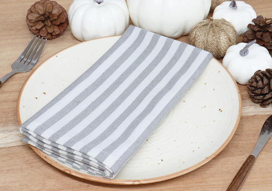 PurpleEssences Plain Striped Cloth Napkins - Set of 12-100% Cotton - 18 x 18 Inch - Fall Thanksgiving - Perfect Everyday Use Dinner Napkin - Gray and White