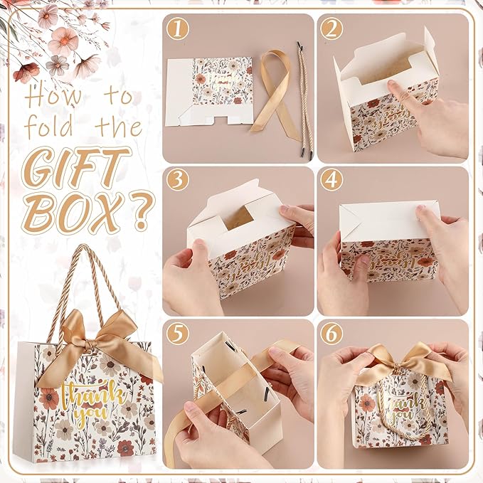 Moinchore 40 Pack Wildflower Thank You Gift Bags with Handles Small Thank You Party Favor Bags with Bow Wedding Welcome Tote for wedding Holiday Bridal Shower Party(Vintage Champagne Flowers)