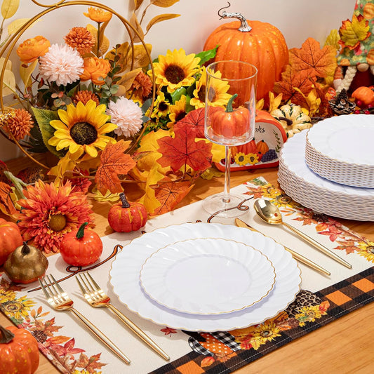 U-QE 60 Pcs Gold Plastic Plates for Party – Thanksgiving Plates Disposable Heavy Duty - White and Gold Plate Include 30 10" Dinner & 30 7" Dessert Plate, Perfect for Party & Wedding & Thanksgiving