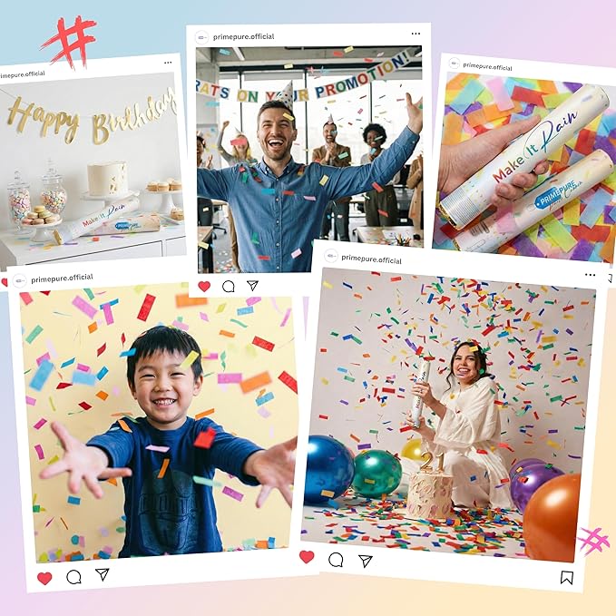 PrimePure Confetti Cannon Party Poppers - Biodegradable Multicolor Rectangular Confetti Poppers - 6 Pack - Party Cannon Shooters Gun for Wedding, Birthdays, Celebrations