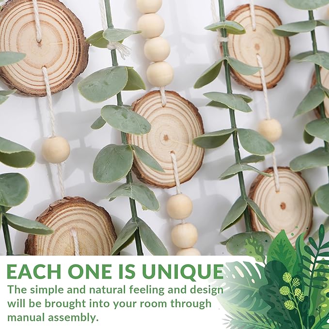 Boho Wall Decor Artificial Eucalyptus Bathroom Decor Fake Eucalyptus Greenery Leaves Stems Wall Hanging Plants on 16.5 inch Wooden Stick with Wooden Bead Rustic Farmhouse for Bedroom Nursery Kitchen