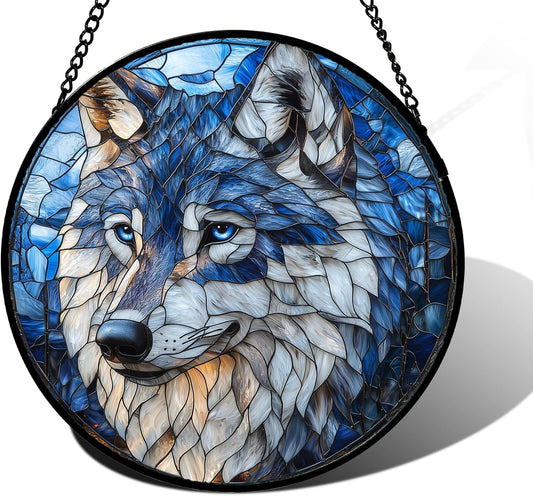 Stained Glass Window Hanging - Funny Wolf Suncatcher Ready to Hang Window Doors Home Decoration and Christmas, Mother's Day Birthday Gifts for Women, Men, and Mom 6.3x6.3 in