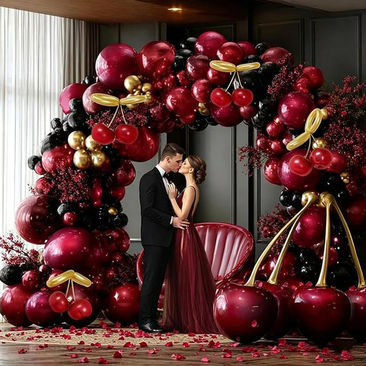 Burgundy Black Balloon Arch Double Stuffed Dark Ruby Red Gold Maroon Black Balloon Garland Kit for Birthday Wedding Bridal Shower Mothers Day Graduation Engagement Cherry Anniversary Party Decor