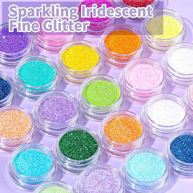 LEOBRO Fine Glitter, 24 Colors Iridescent Glitter for Crafts, Resin, Nail Body, DIY Party Decorations