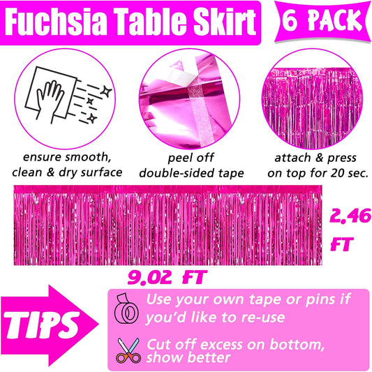 6 Pack 29x108 Inch Fuchsia Metallic Foil Fringe Table Skirts Banner for Tinsel Streamer Garland Curtains Backdrop for Parade Floats Wedding Baby Shower Birthday Christmas Halloween Party Decoration