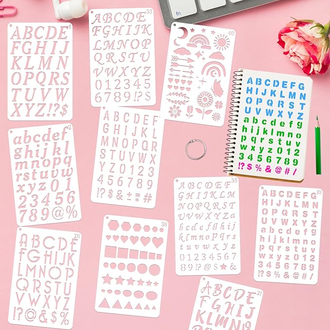 BAMIDELE Letter and Number Stencils for Painting - 40 PCS Small Alphabet Stencils (1, 0.75, 0.5, 0.35 Inch) for Crafts, Wood, Cakes - Reusable Plastic Bullet Journaling Letter Stencil (7.5 x 5 Inch)