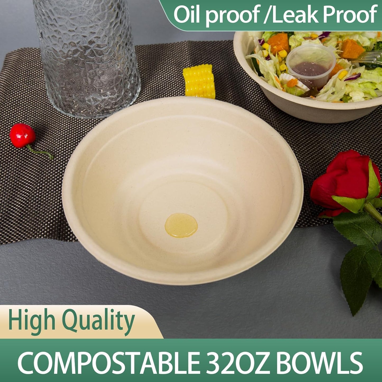 32oz Disposable Salad Bowls 150Pack, Big Paper Bowls, Large, Heavy-Duty, Eco-Friendly, Bulk Pack, Compostable Bowls, Biodegradable Made of Sugar Cane Fibers,Perfect For Salad