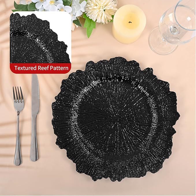 100 Pcs Black Charger Plates Bulk, 13" Reef Plate Chargers for Dinner, Plastic Floral Decorative Plates for Table Setting, Round Table Chargers for Wedding, Christmas, Party, Event, Decoration