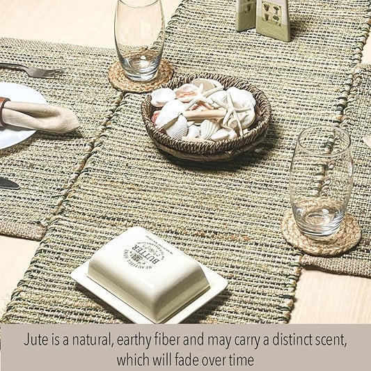 Chardin home Natural Jute Table Runner 13x90 Inch – Vintage Boho Rustic Table Decor – Handwoven Table Runner in Natural Jute and Green – Farmhouse Dining or Console Table Accent