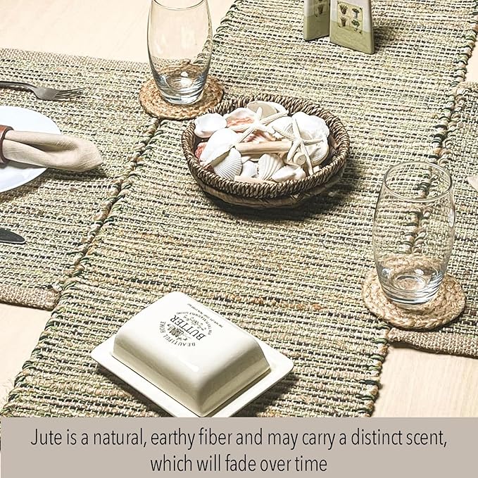 Chardin home Natural Jute Table Runner 13x48 Inch – Vintage Boho Rustic Table Decor – Handwoven Table Runner in Natural Jute and Green – Farmhouse Dining or Console Table Accent