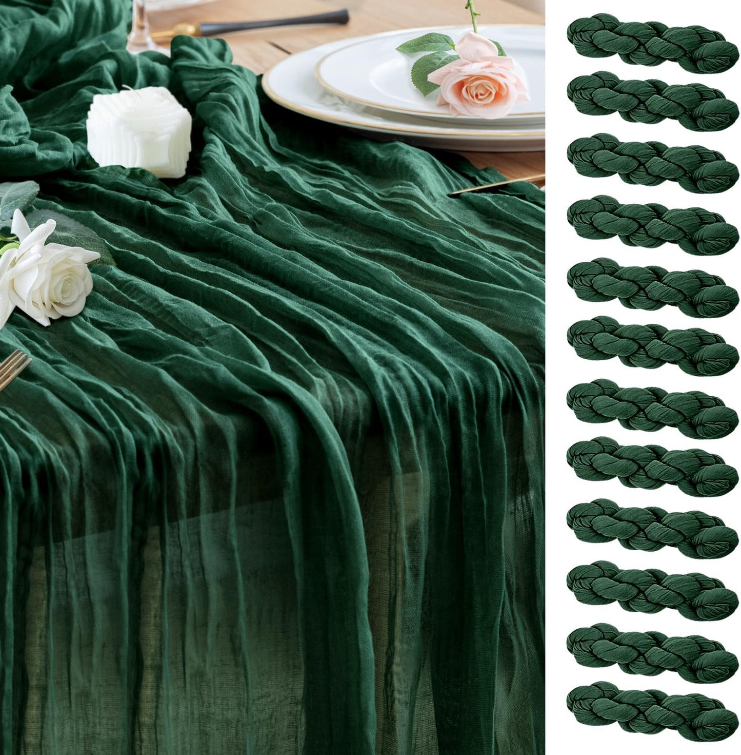 Wokceer Cheesecloth Table Runner Christmas 12Pack 10FT Emerald Green Boho Gauze Cheese Cloth Table Runner for Party Rustic Sheer Table Runners for Baby Bridal Shower Wedding Easter Table Decor