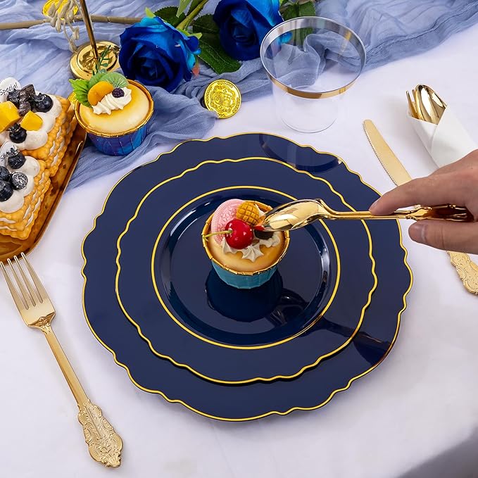 Liacere 175PCS Navy Blue Plastic Plates-Disposable Blue Gold - 25guest Baroque Plastic Dinnerware include 50Plates,25Pack Pre Rolled Napkins with Silverware 25Cups for Wedding&Party&Father's Day