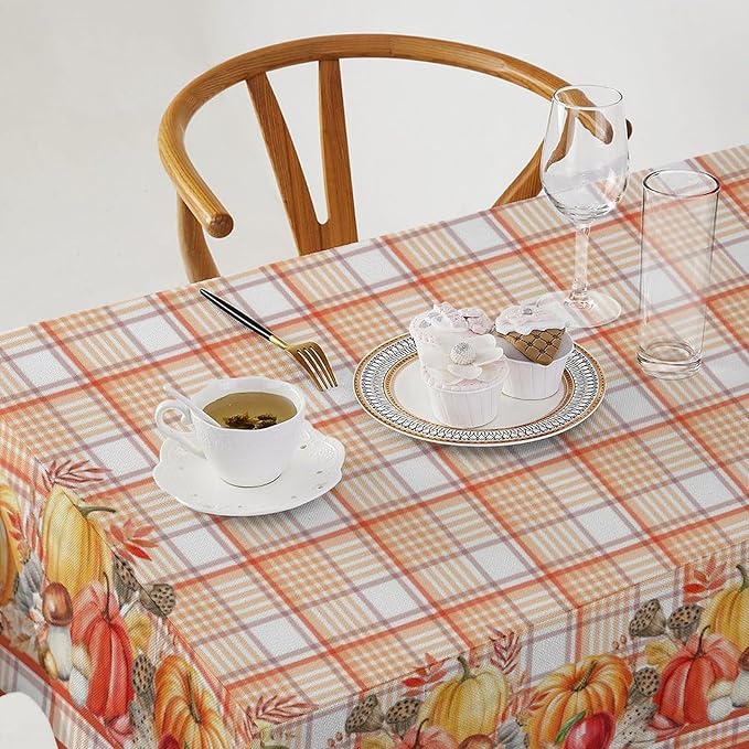 YCness Autumn Pumpkin Thanksgiving Tablecloth, Orange Striped Grid Watercolor Seasonal Colorful Fruits Maple Leaf Fall Table Decor for Home Bedroom Kitchen Dinner Table Cover 55x75 Rectangle