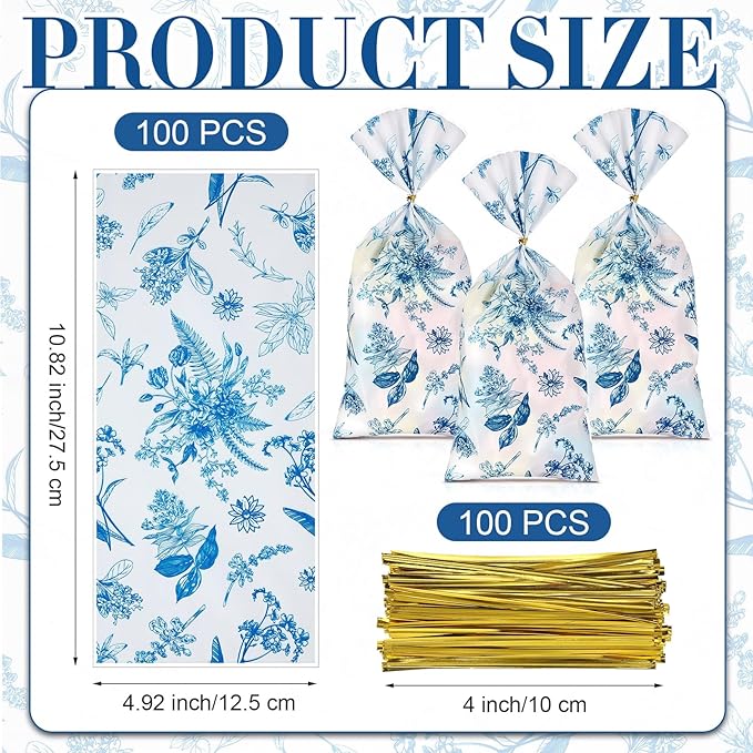 Sweetude 100 Pcs Wildflower Party Cellophane Treat Bags Candy Plastic Clear Goody Bags Gift Supplies for Baby Shower Bridal Shower Birthday Wedding Party Favors, 11"x 5" (Blue and White)