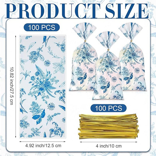 Sweetude 100 Pcs Wildflower Party Cellophane Treat Bags Candy Plastic Clear Goody Bags Gift Supplies for Baby Shower Bridal Shower Birthday Wedding Party Favors, 11"x 5" (Blue and White)