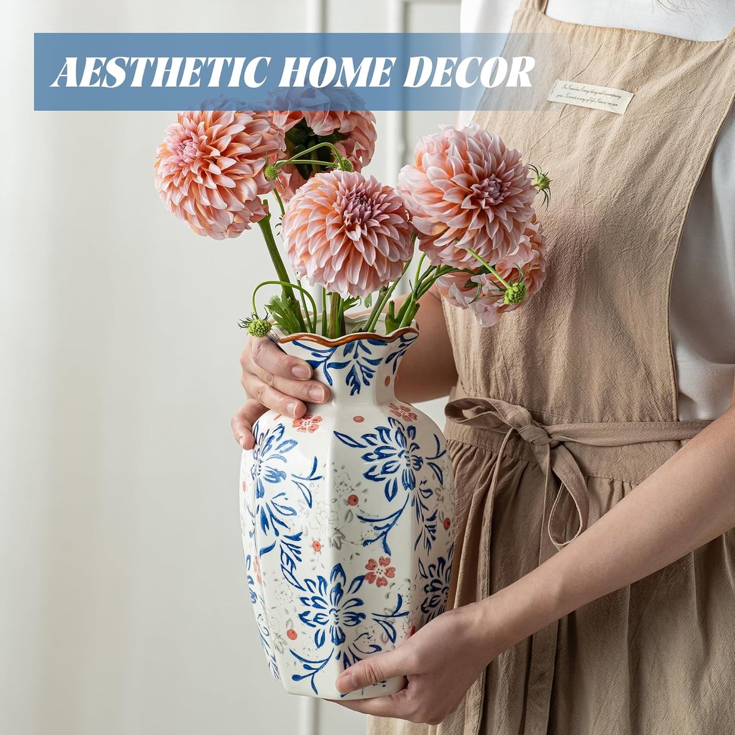 9.5 Inch Vintage Ceramic Vase, Chinoiserie Flower Vases Decorative Antique Vases for Home Decor, Rustic Blue and Pink Porcelain Vase Farmhouse Shelf Table Centerpieces Decor