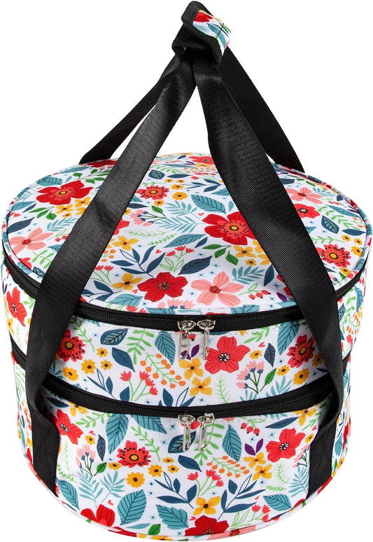 Casserole Carrier,12.5 Pie Carrier, Insulated Casserole Carrier Storage Bag with Carry Handles, 2 Compartments Insulated Lunch Bag Potluck Carrier Salad Bowl Holder (Floral)
