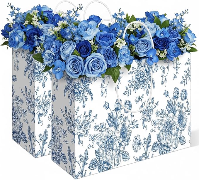 Kolldenn 24 Pcs Blue Floral Party Favor Bags with Handles 16 x 6 X12inch Extra Large Scalloped Wildflower Goodie Candy Gift Treat Bags for Birthday Decoration for Bridal Baby Shower Party Supplie