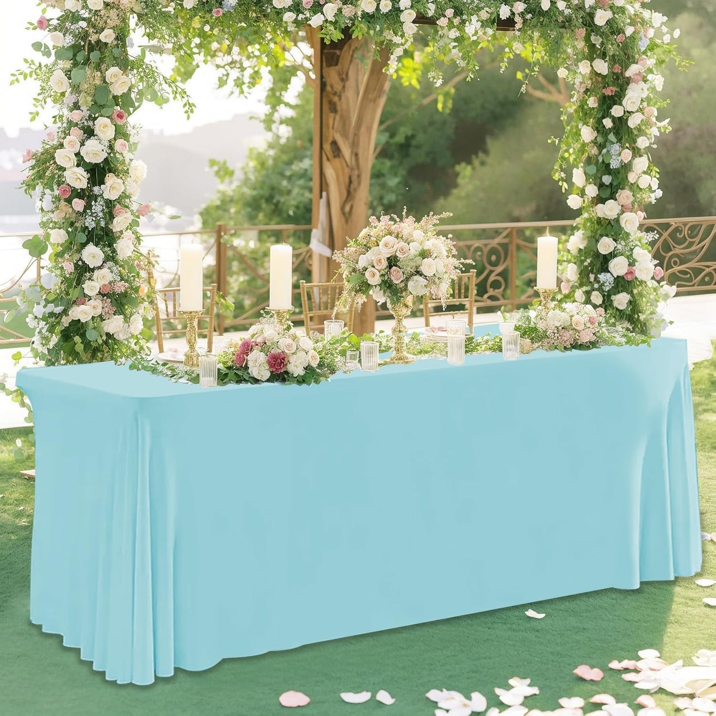 HAORUI Open Back Table Skirts, 4Pack Rectangle Wrinkle Resistant Table Clothes, Ruffles Elastic Table Cover for Banquets, Weddings, Parties (6ft Baby Blue)