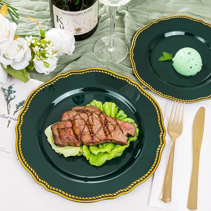 Hioasis 60pcs Green Plastic Plates - Green and Gold Disposable Dinnerware with Gold Rim, Heavy-duty, 7.5 inch, Dessert Plates for Party & Christmas& St. Patrick's Day
