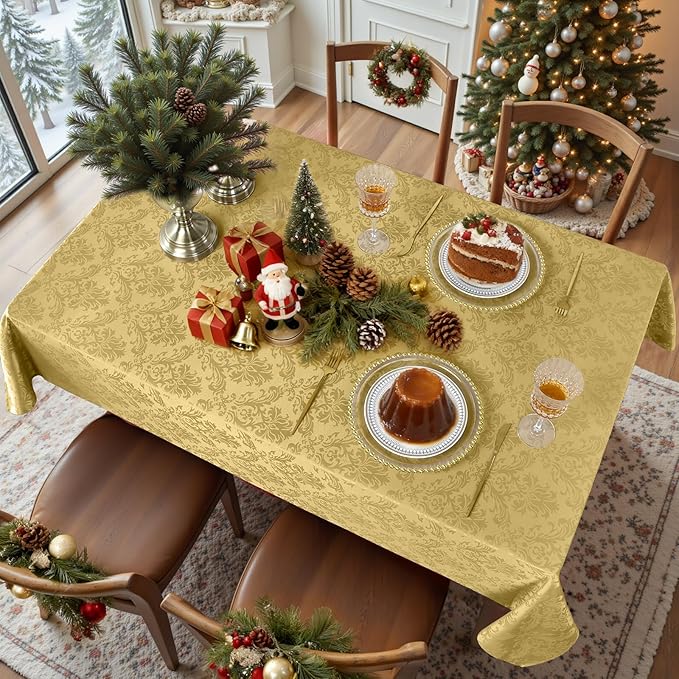 SASTYBALE Rectangle Jacquard Tablecloth - 52 x 70 Inch Spill Proof Wrinkle Resistant Damask Table Cloth, Soft Polyester Oblong Table Cover for Kitchen Parties Farmhouse, Gold