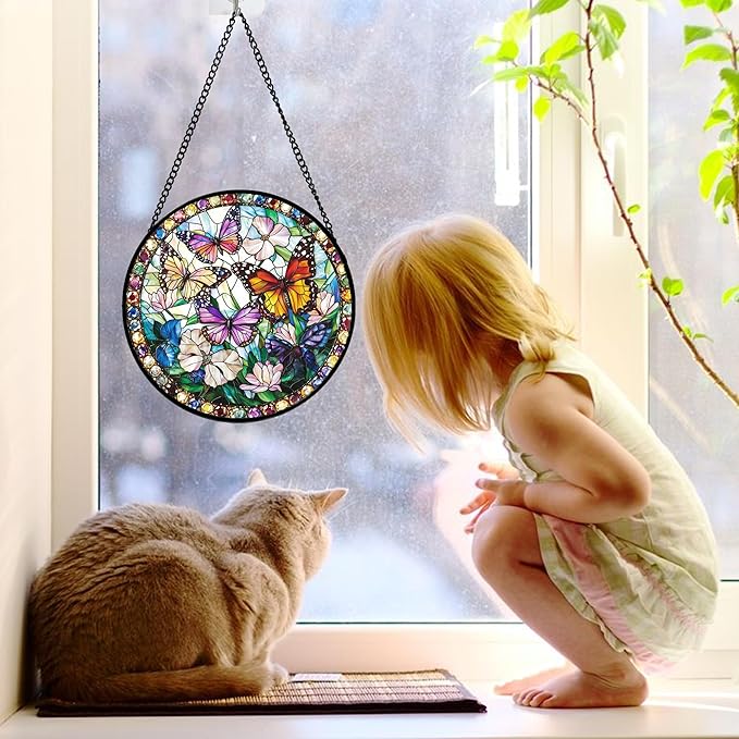 Stained Glass Window Hanging, Colorful Butterfly Suncatcher for Doors Home Sun Catchers Decoration and Christmas, Mother's Day Birthday Gifts for Women, Men, and Mom 7.8 in