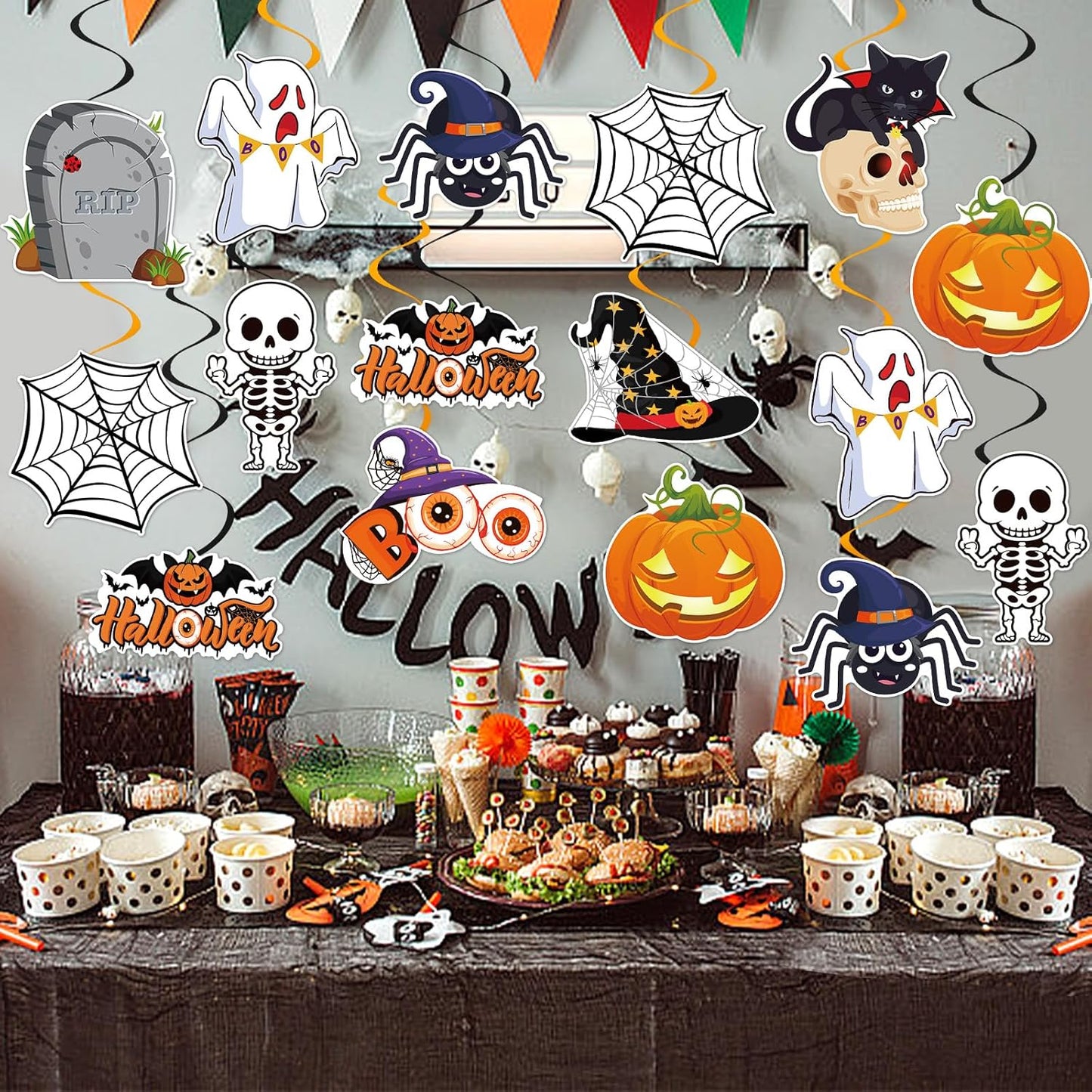 40Pcs Halloween Hanging Swirl Decorations, Halloween Hanging Streamers Ceiling Decor with Pumpkin Spider Ghost for Home Office School Trick or Treat Party Decor Supplies