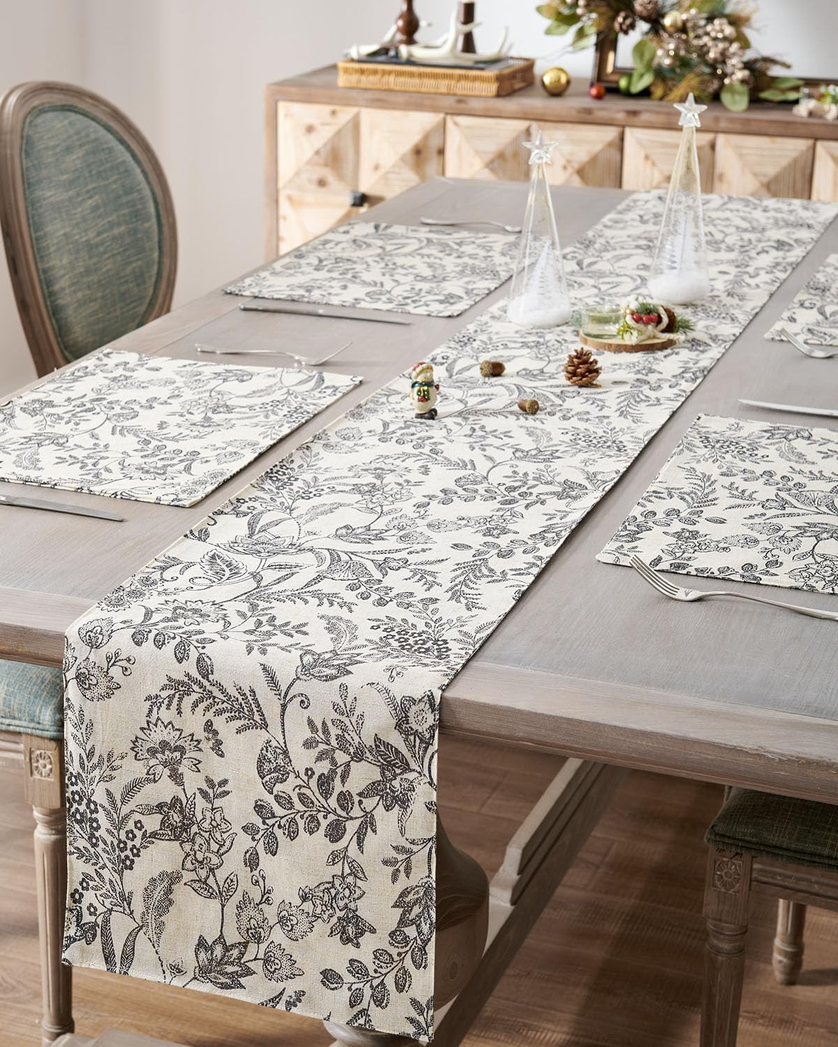 jinchan Spring Table Runner Linen Farmhouse Table Cloth Black Floral Decorative 72 Inch Botanic Printed Burlap Handcrafted Flax Coffee Table Decor 1 Panel Black on Beige