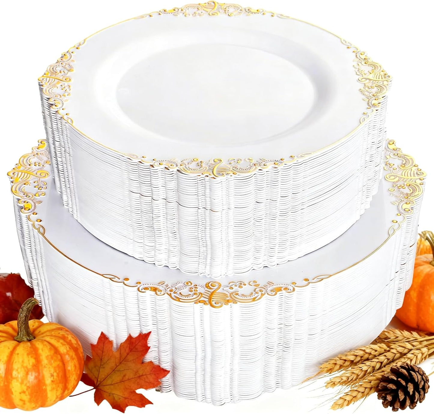200PCS White and Gold Plates - Gold Plastic Plates - Fancy Disposable Plate - Gorgeous Christmas Dinner & Dessert Plate for 100 Guests for Wedding & Thanksgiving Party