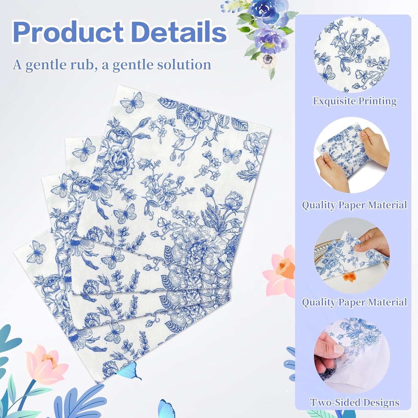 100Pcs Blue Floral Napkins Beverage Cocktail Napkin Disposable Blue and White Paper Dinner Napkin Fancy Decorative Hydrangea Flower Guest Hand Towel for Wedding Bridal Baby Shower Tea Birthday Party