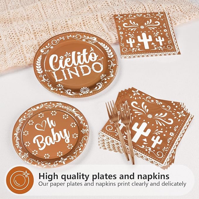 Grencian 96 Pcs Cielito Lindo Baby Shower Decorations Brown Mexican Theme Plates and Napkins Tableware Sets Cielito Lindo Decorations for Boys Girls Baby Shower Party Serves 24