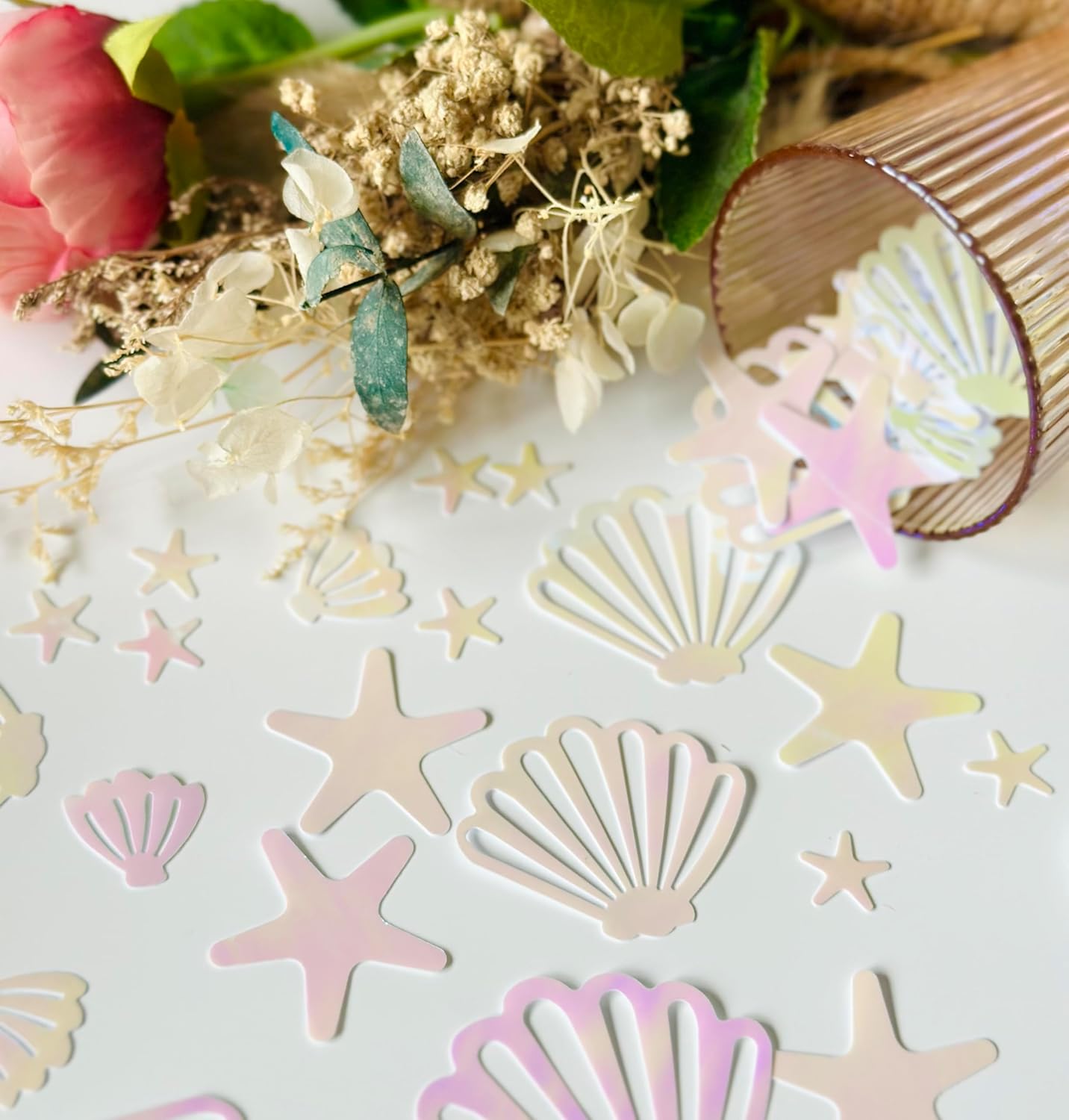 Seashell Confetti for Table Decor.100PCS Pearl Pink Seashell Glitter Confetti for Mermaid Birthday Party Decorations Starfish Ocean Party Decorations