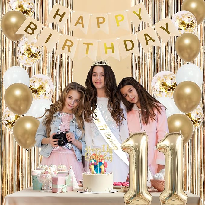 Trgowaul 11th Birthday Decorations for Girls, Banner, Sash and Crown, Cake Topper, 11 Number Balloon, Fringe Curtains, Champagne Gold 11th Birthday Party Supplies