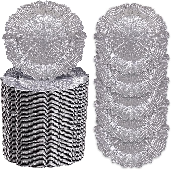 MAONAME 13" Silver Charger Plates Set of 100, Reef Plate Chargers Bulk, Round Charger for Dinner Plates, Plastic Table Chargers for Wedding Decor