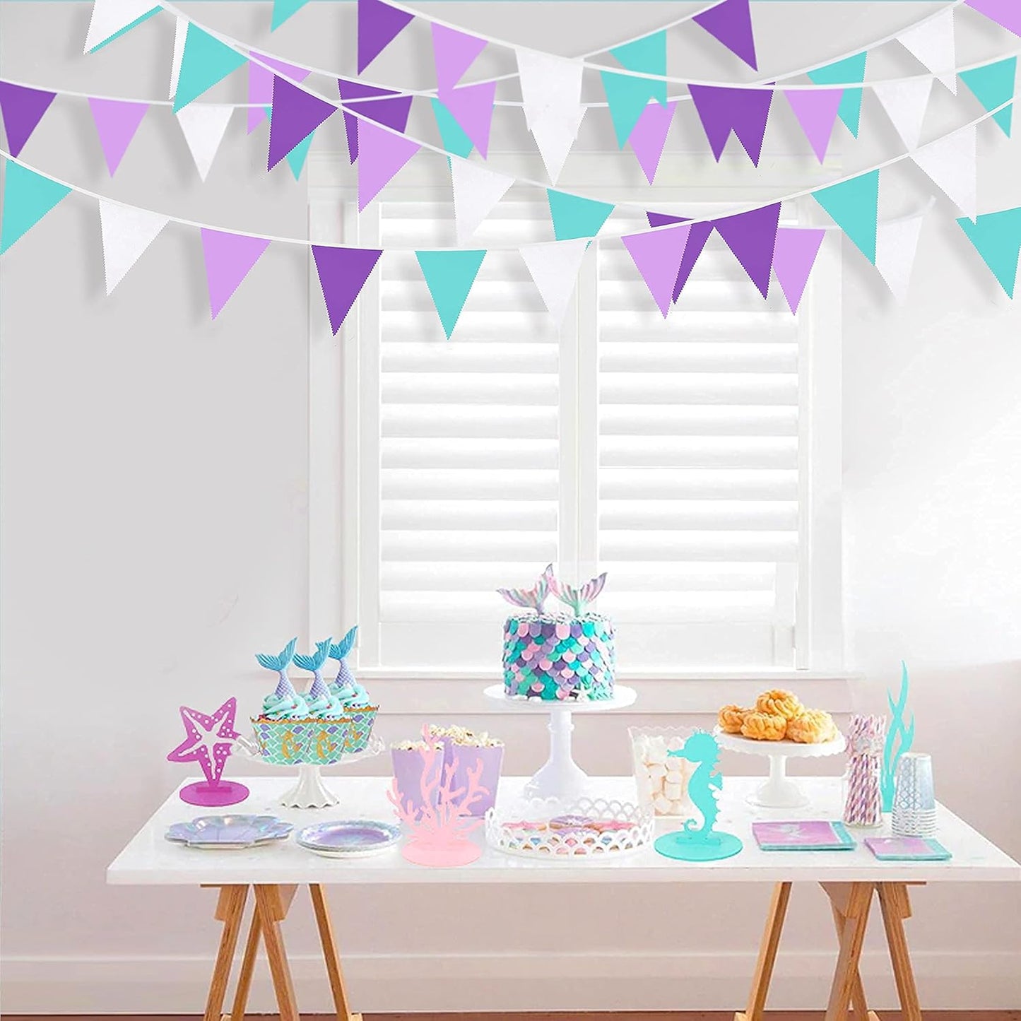 10M/32Ft Purple Aqua Blue and White Banner Decorations Triangle Flag Fabric Pennant Bunting Garland for Little Mermaid Theme Girls Birthday Wedding Bachelorette Baby Shower Under The Sea Party(36Pcs)