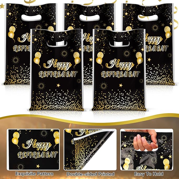 Supervitae 100 Pcs Happy Retirement Plastic Gift Bags Retirement Party Favor Bags Bulk with Handles for Men Women Office Coworker Snacks Goodie Candy Treat Farewell Going Away Party Supplies
