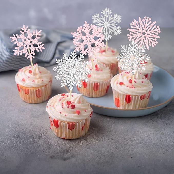 36Pcs Snowflake Cupcake Toppers Glitter Winter Frozen Theme Snowflake Cupcake Pick Decorations for Baby Shower Kids Birthday Christmas Party Decorations Supplies Light Pink Silver