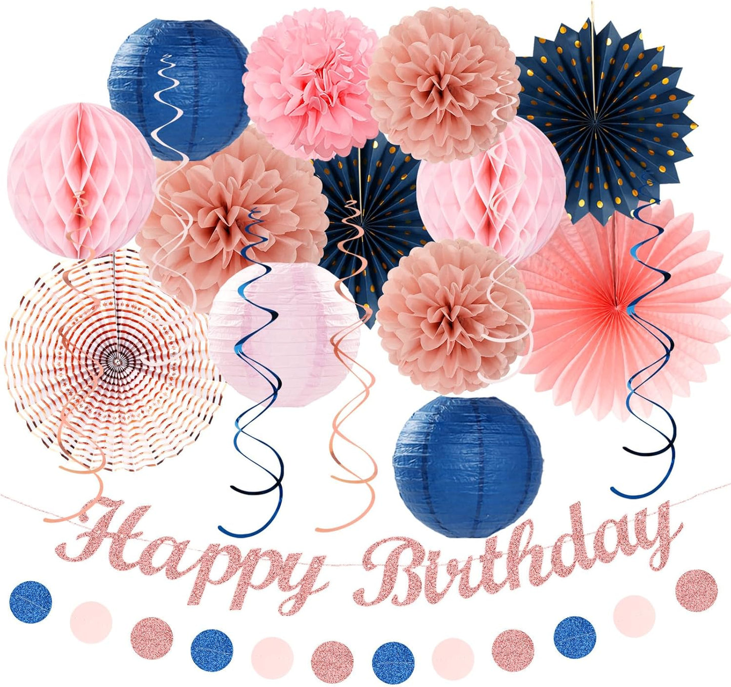 Pink Rose-Gold Navy-Blue Birthday Party-decorations - 21pcs Women Girl Happy Banner Garland, Paper Streamers Lanterns,Flower Tissue Pom Poms Fan Supplies, Princess Wall Backdrop Decor Huglony