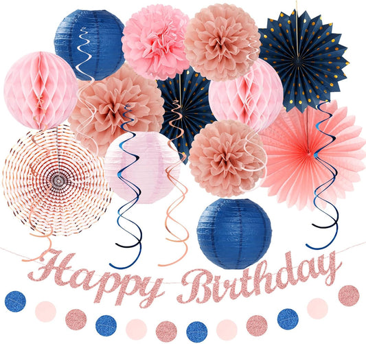 Pink Rose-Gold Navy-Blue Birthday Party-decorations - 21pcs Women Girl Happy Banner Garland, Paper Streamers Lanterns,Flower Tissue Pom Poms Fan Supplies, Princess Wall Backdrop Decor Huglony