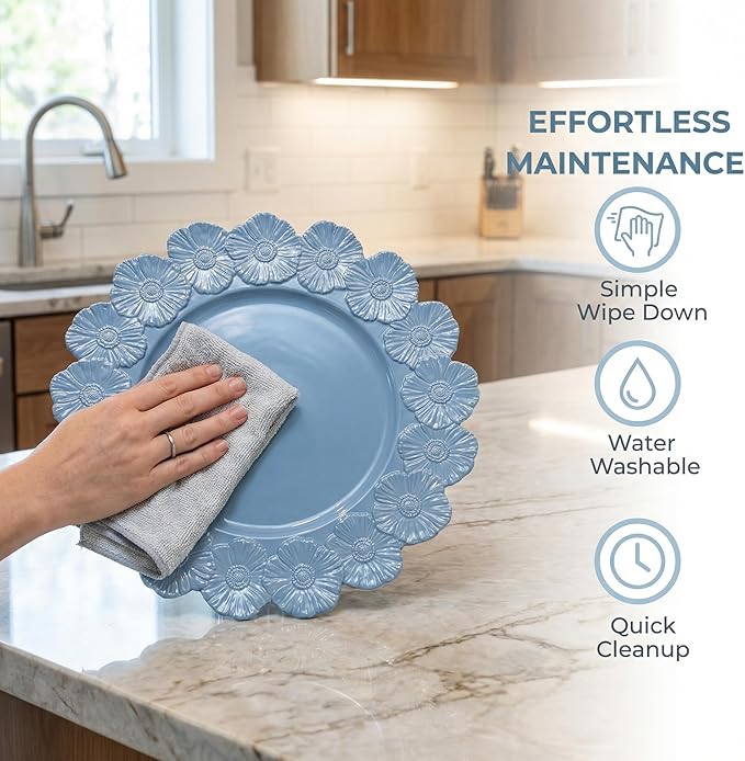 Blue Charger Plates with Flower Rim, 13" Round Charger for Dinner Plates, Set of 6 Plastic Plate Chargers for Wedding, Birthday.