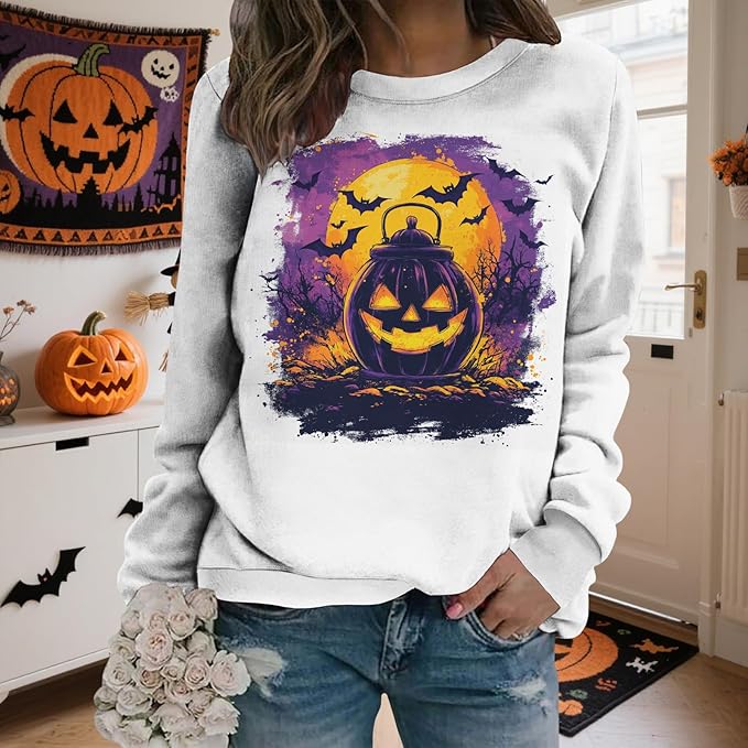 LIZALIG Pullover Cute Sweatshirt Orange Skeleton Fall Festive FunWomens Design Bat Holiday Party Outings Pumpkin Print