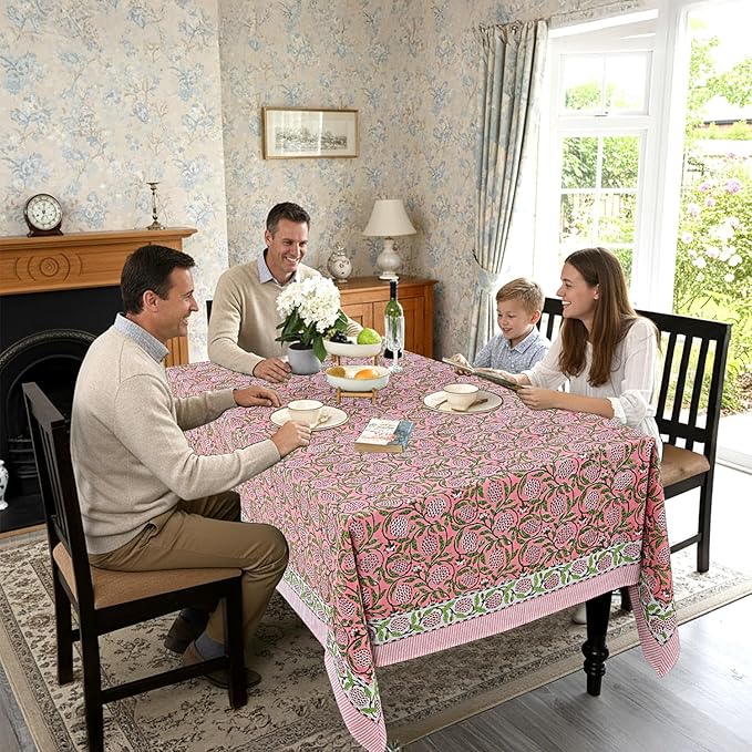 Ridhi Hand Block Print Strawberry Pink Rectangle Cotton Tablecloth 190" x 72" Reusable Table Cover Decorative Everyday Use for Dining, Farmhouse, Home Gift for Spring, Easter, Valentine