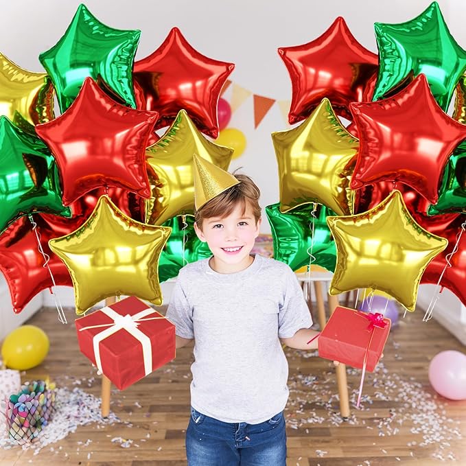 Red Green Gold Star Foil Balloons, 10PCS Xmas Foil Stars Shape Balloon, 18 Inch Large Metallic Stars Balloons Helium Pentagram Balloon for Birthday, Christmas, New Year, Baby Shower Party Decoration
