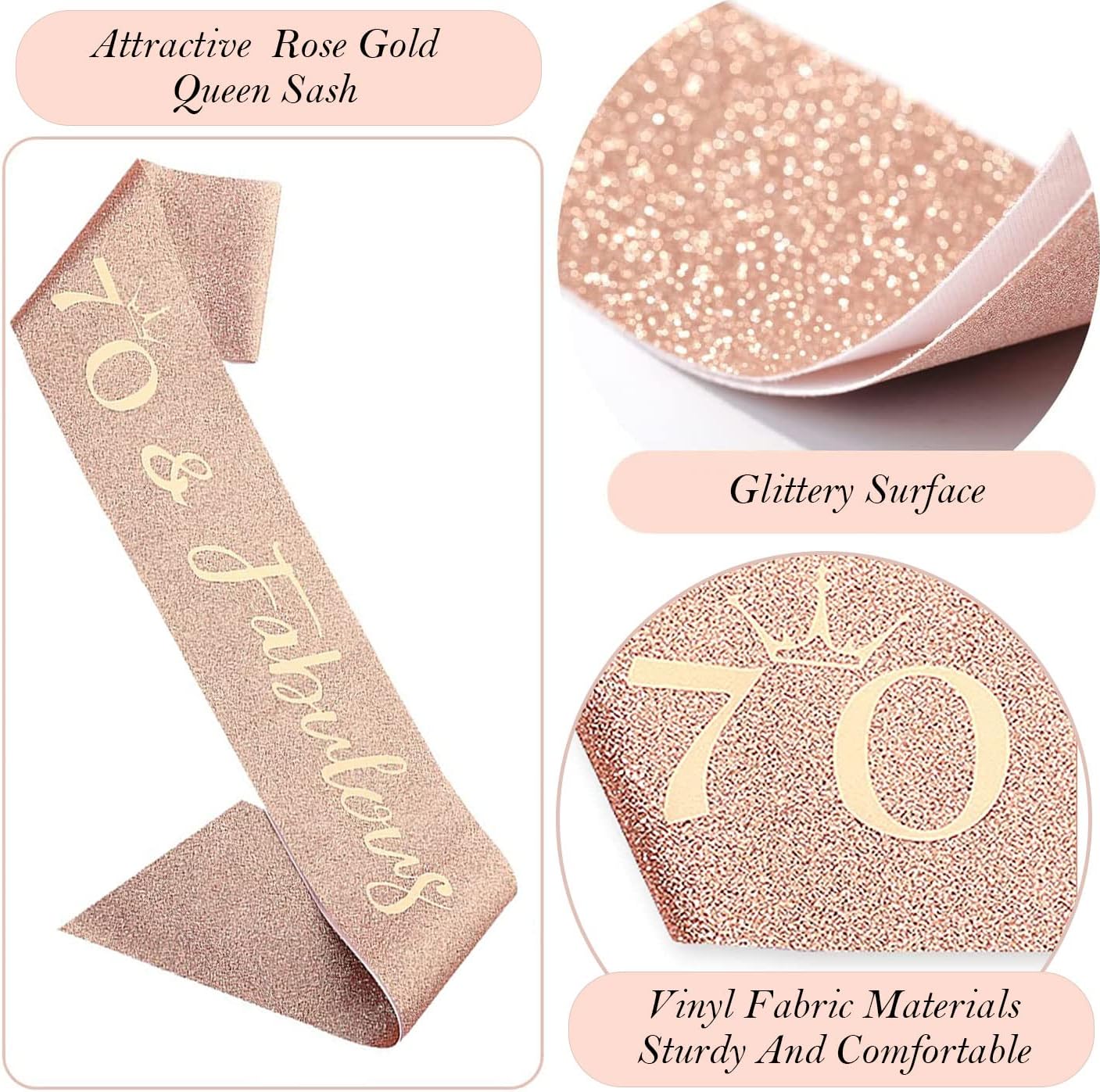 70th Birthday Gifts Decorations for Women, Including 70th Cake Toppers, Birthday Queen Sash with Pearl Pin, Sweet Rhinestone Tiara Crown, Number Candles and Balloons Set, Rose Gold