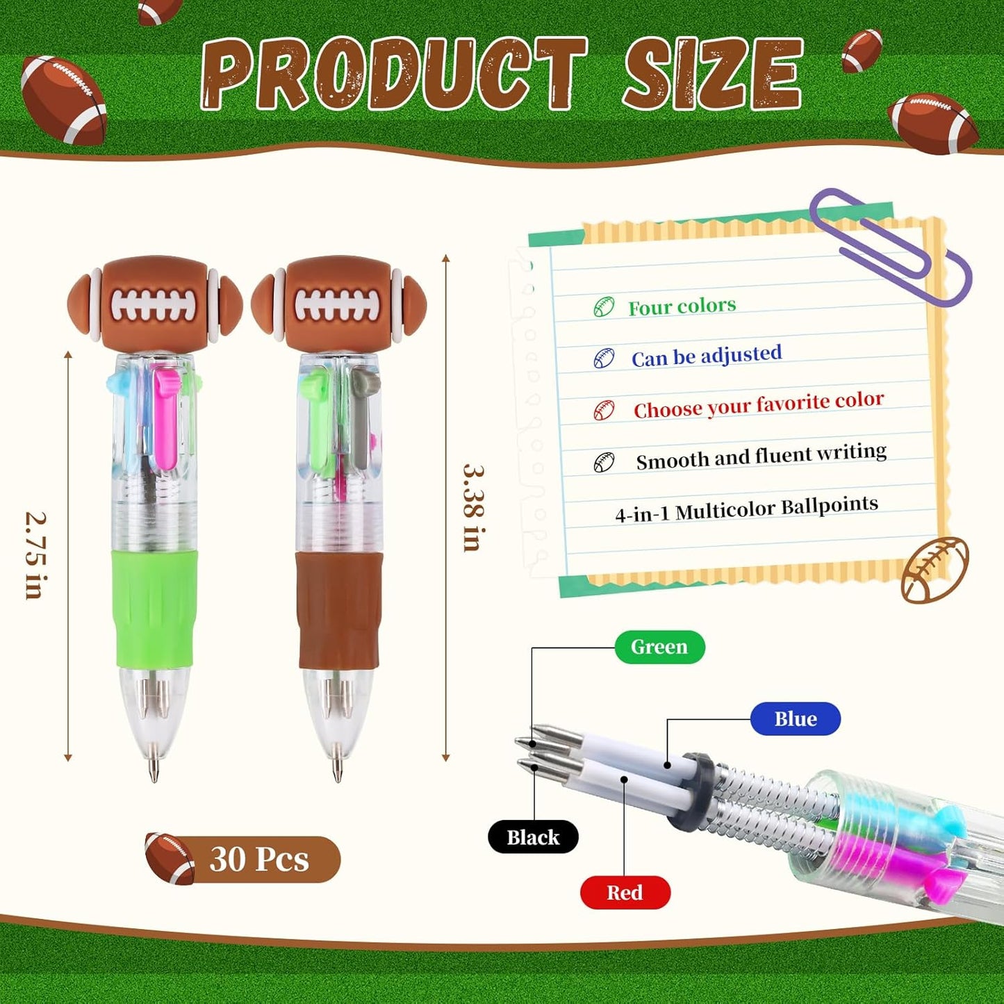 CZWZ 30Pcs Mini Multicolor Pens in One 4-in-1 Cute Pens Bulk for Kids, Ballpoint Pen for Birthdays and Children's Parties, Fun Gifts Assorted Ink Kawaii Pen(Football)