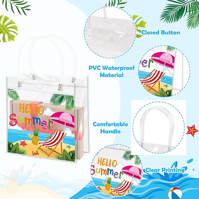 H1vojoxo Hello Summer Gift Bags - 24PCS Beach Vacation Clear Gift Bags with Handles 7.9 x 3.2 x 7.9 Inch Reusable PVC Plastic Transparent Waterproof Tote Bag for Summer Party Birthday Party Supplies