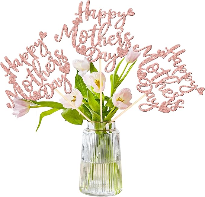 12 PCS Happy Mother's Day Centerpiece Sticks Double Sided Glitter Love Mother Best Mom Centerpieces for Happy Mother's Day Theme Table Flower Decorations Birthday Party Supplies Rose Gold