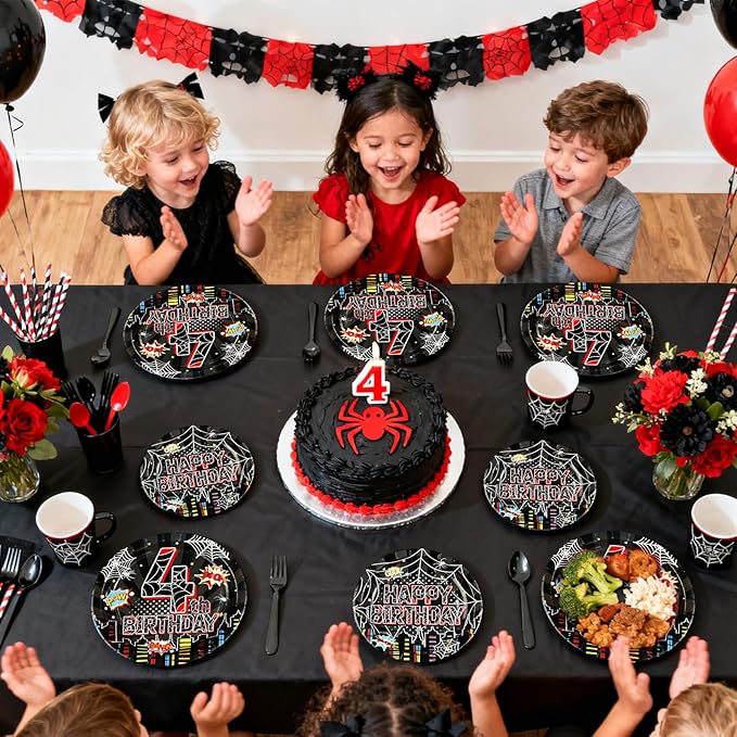 96 Pcs Spider 4th Birthday Party Supplies Black Spider 4th Birthday Plates Disposable Cartoon Super Theme Hero Paper Tableware Set for Boys Kids Spider 4 Year Old Party Decorations Serves 24