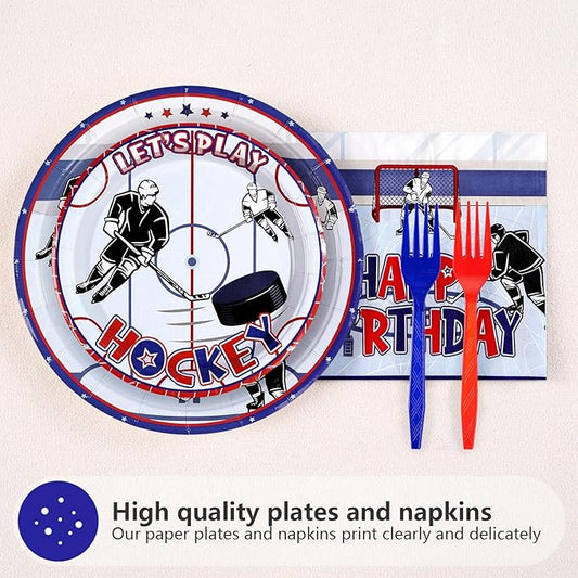 Grencian 200Pcs Hockey Party Supplies Ice Hockey Birthday Party Set Including Plates and Napkins Disposable for Boys Kids Birthday Hockey Fans Sports Games Themed Par-ty Decoration Serves 50